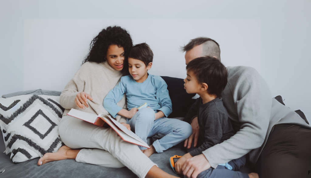 Uma mesa de madeira com uma pilha de livros sobre Constelação Familiar, ao lado de figuras simbólicas representando dinâmicas familiares, em um ambiente sereno com uma poltrona de leitura e iluminação suave.