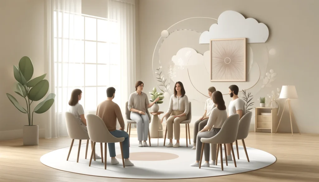 Facilitador conduzindo uma sessão de Constelação Familiar com participantes sentados em círculo, em um ambiente calmo e minimalista, com tons suaves e elementos decorativos como uma planta e arte abstrata.