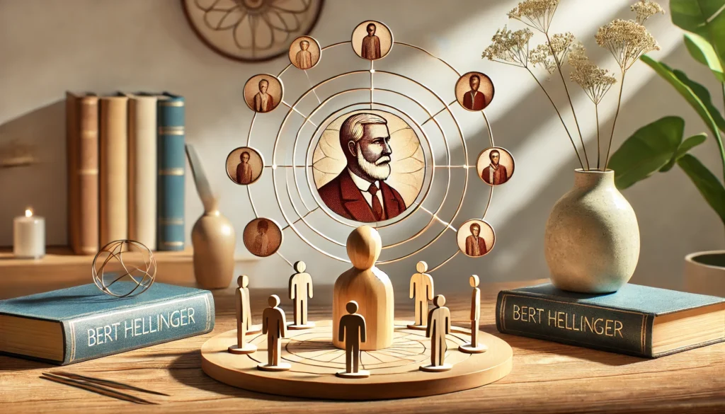 Representação simbólica das origens da Constelação Familiar de Bert Hellinger, com figuras dispostas em círculo e elementos como livros e uma mesa minimalista em um ambiente sereno.