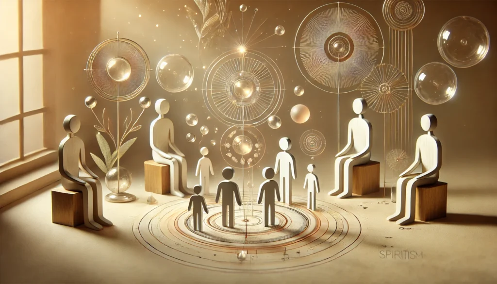 Representação simbólica e harmoniosa de figuras circulares em um ambiente sereno, simbolizando a segurança e a introspecção da técnica de Constelação Familiar.