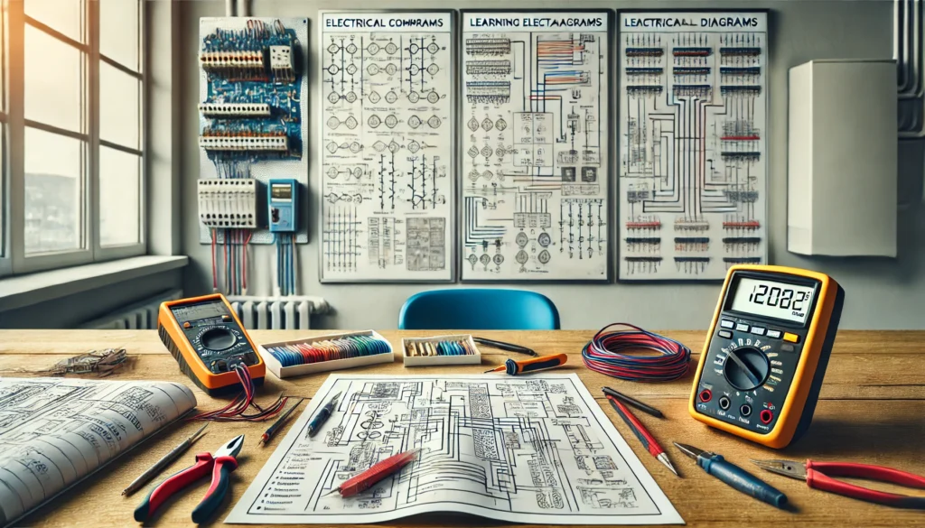 Mesa organizada com diagramas elétricos detalhados, ferramentas como multímetro e cortadores de fio, e um painel elétrico ao fundo, em um ambiente técnico e educacional.