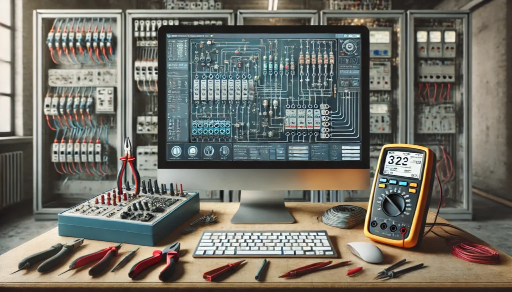 Estação de trabalho com computador rodando um simulador de comandos elétricos, exibindo diagramas interativos. Ferramentas como multímetro, cortadores de fio e cabos estão organizadas em uma mesa limpa e profissional, com um painel elétrico ao fundo.