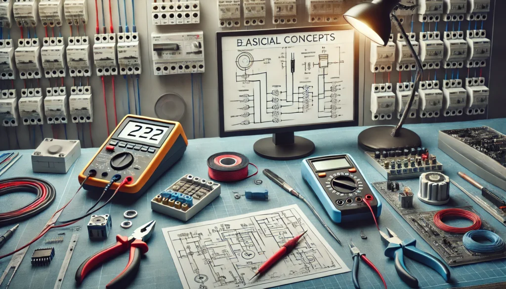 Cena educacional mostrando uma mesa com ferramentas como multímetro e cortadores de fio, além de componentes elétricos como relés e disjuntores. Um computador exibe um diagrama elétrico simples, com um painel elétrico parcialmente visível ao fundo.