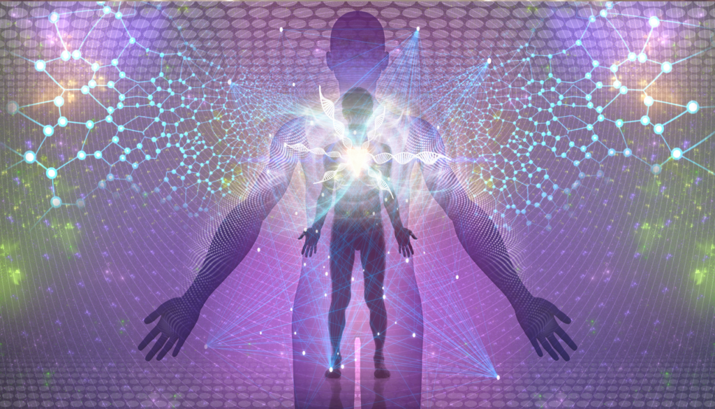 Representação futurista de um corpo humano envolvido por redes luminosas e moléculas conectadas, simbolizando a união entre ciência, energia e espiritualidade.