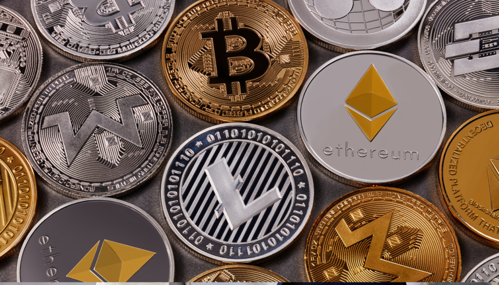 Descubra o Potencial das Criptomoedas Conjunto de criptomoedas populares, incluindo Bitcoin, Ethereum e Litecoin, dispostas lado a lado, simbolizando o mercado digital e financeiro.
