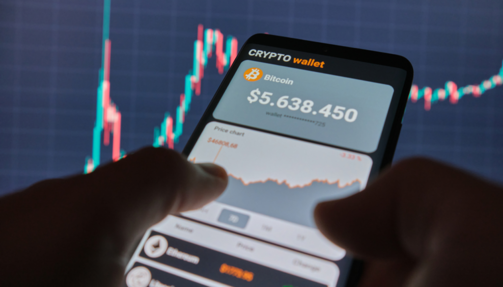 Gestão de Criptomoedas: Controle Financeiro na Palma da Mão Pessoa segurando um smartphone com uma carteira digital de criptomoedas aberta, exibindo o saldo em Bitcoin e gráficos de preços, com um gráfico de velas ao fundo.