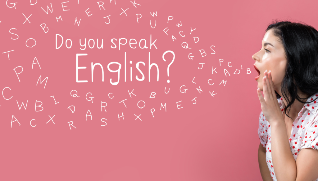Estrategias para Compreensão Auditiva em Inglês Mulher falando com letras espalhadas no ar, destacando a frase "Do you speak English?", representando o interesse em aprender como é que se fala inglês.