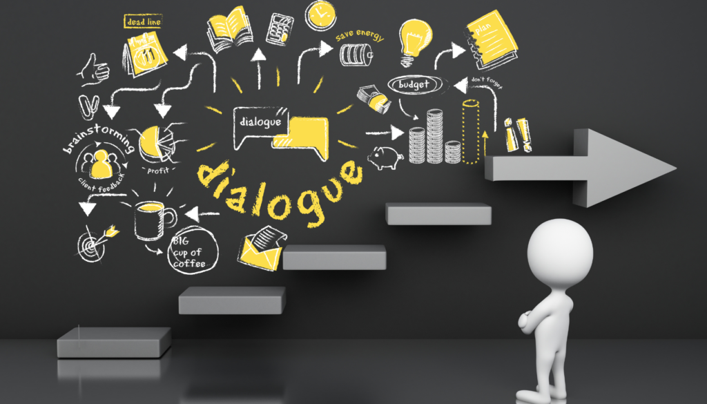 Degrau por Degrau: Planeje Seu Sucesso no Inglês Ilustração de um personagem 3D olhando para degraus com elementos visuais de brainstorming, planejamento e diálogo desenhados em fundo preto.