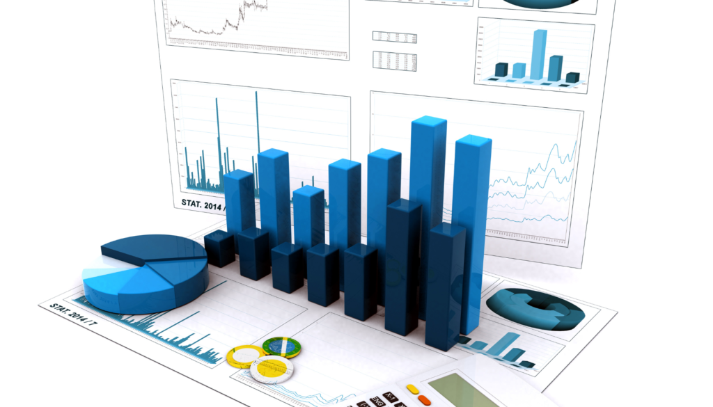 Análise de Dados Financeiros Gráficos 3D de barras e pizza sobre relatórios impressos, representando dados financeiros e estatísticos.